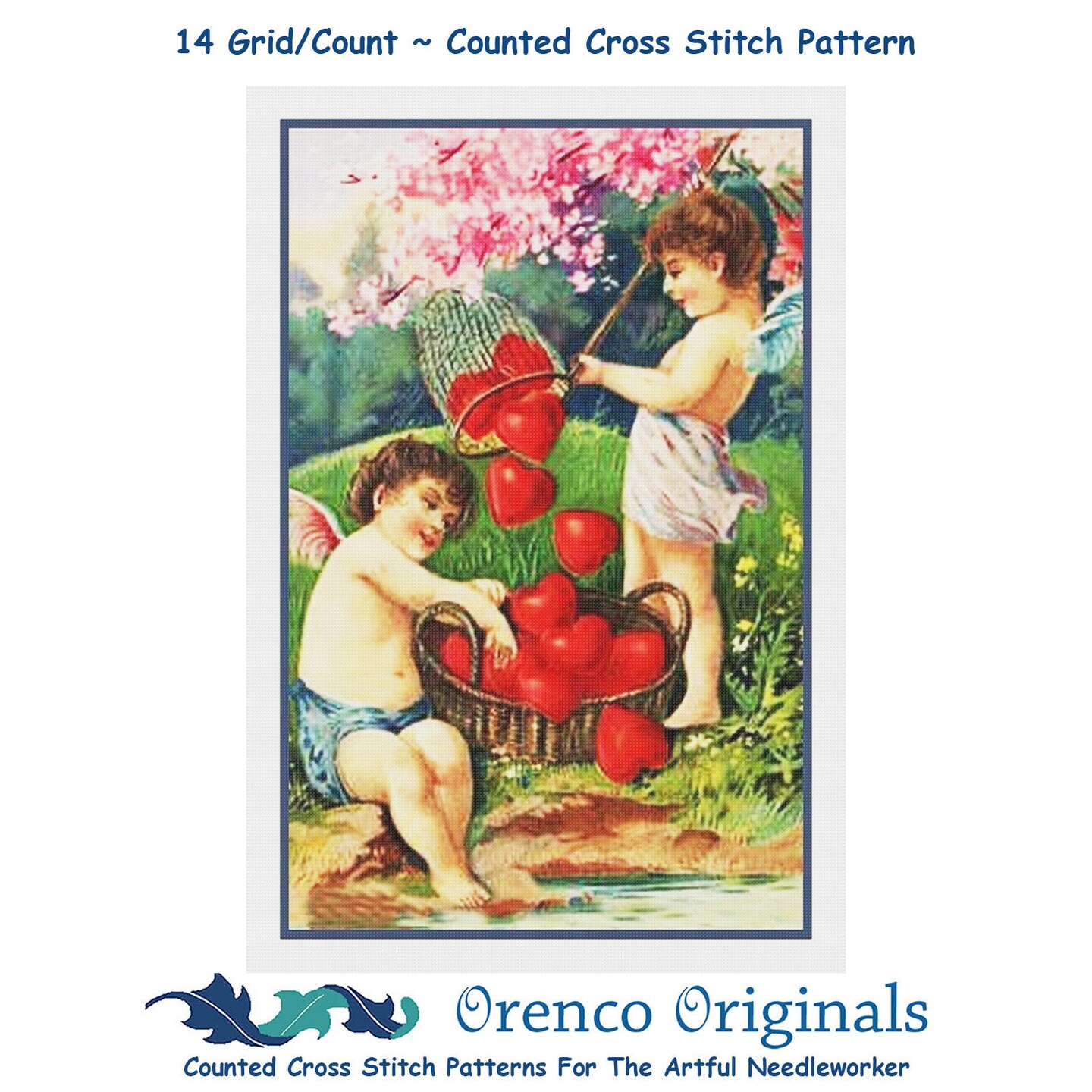 Valentine Cherubs Fishing for Heart Love Counted Cross Stitch Pattern