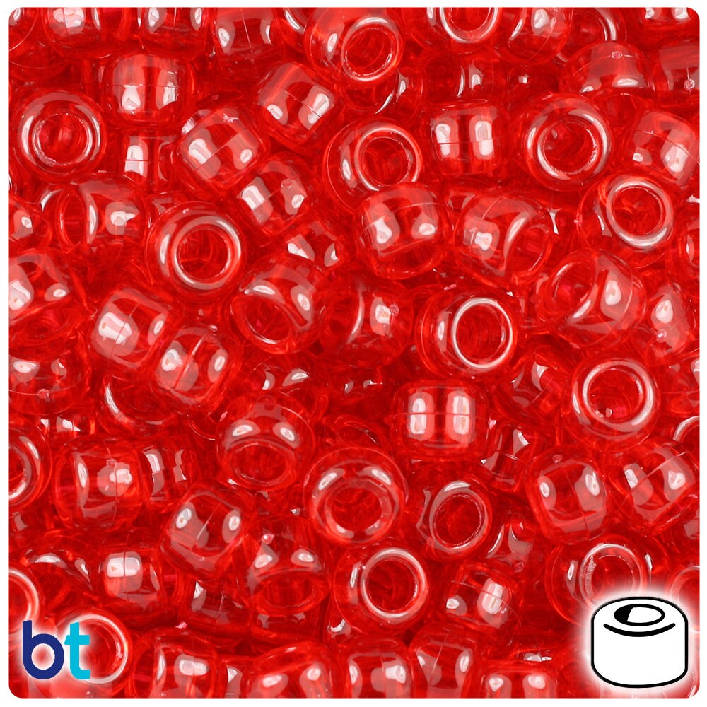 BeadTin Ruby Transparent 9mm Barrel Plastic Pony Beads (500pcs)
