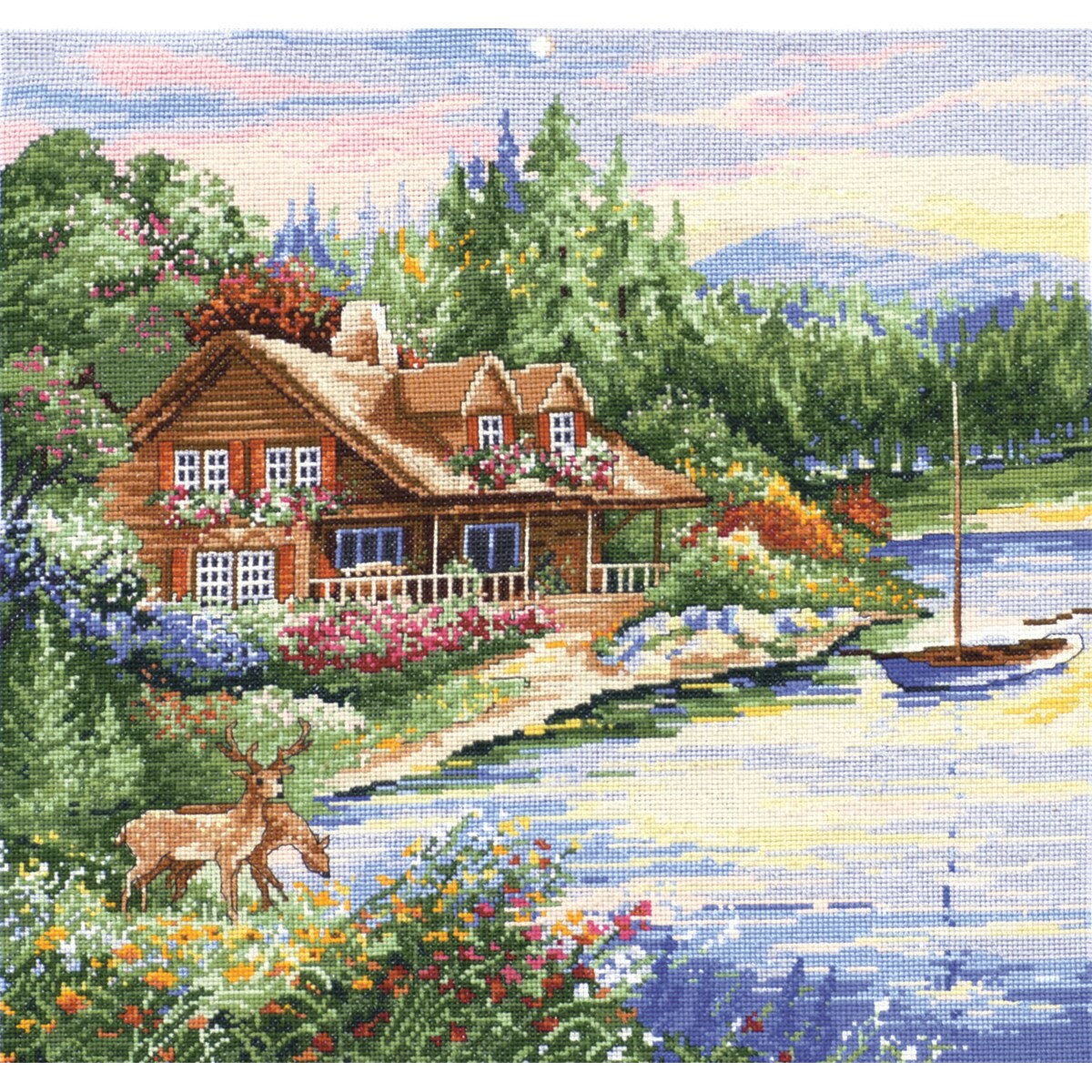 Design Works Counted Cross Stitch Kit 15"X15"-Lakeside Cabin (14 Count)