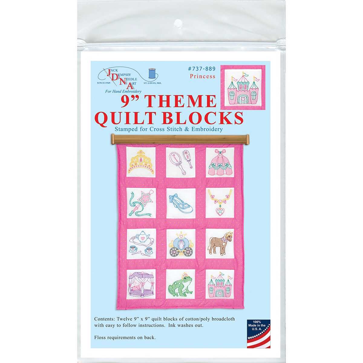 Jack Dempsey Themed Stamped White Quilt Blocks 9&#x22;X9&#x22; 12/Pkg-Princess