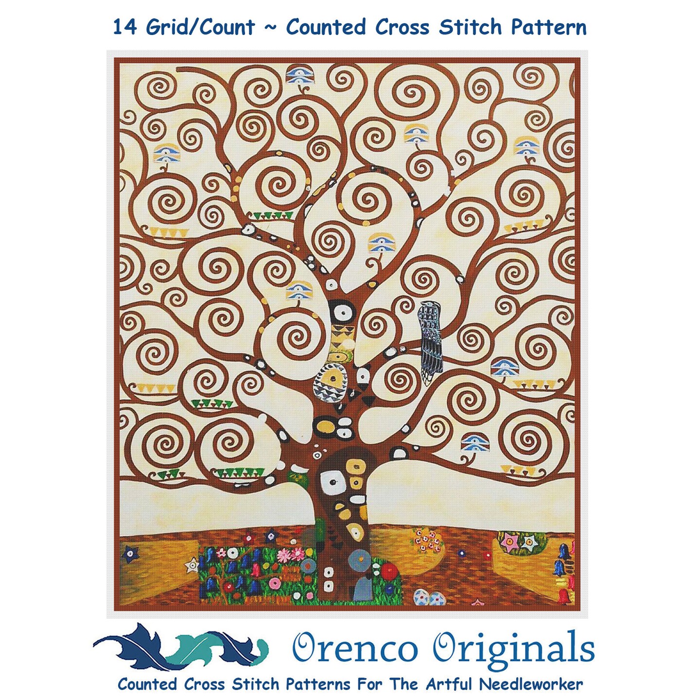 Art Nouveau Gustav Klimt Tree of Life detail Counted Cross Stitch Pattern