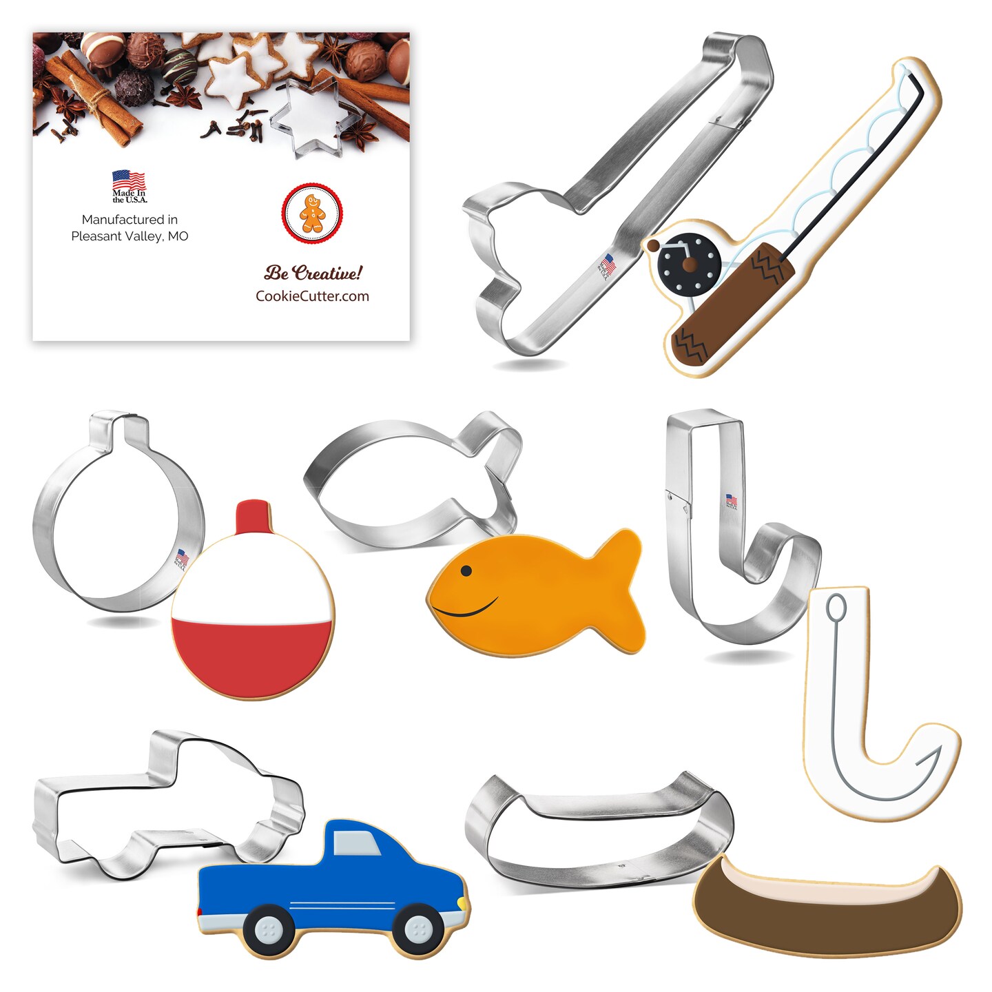 CookieCutter.com Fishing 6 Piece Cookie Cutters Set, Pole, Cute Fish, Bobber, Hook, Canoe, Truck, Tin Plate Steel, USA