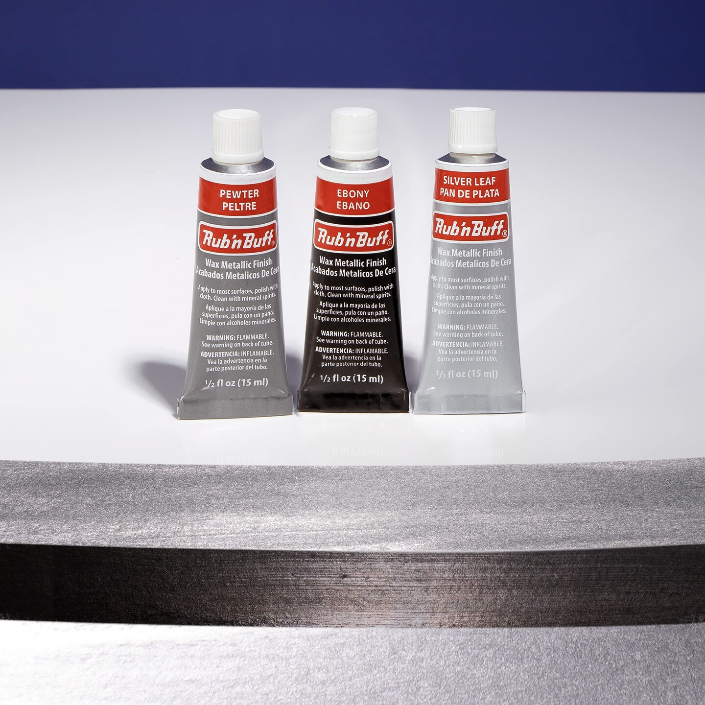 AMACO Rub n Buff Wax Metallic Finish Grey Kit - Ebony Silver Leaf and Pewter 15ml Tubes - Versatile Gilding Wax for Finishing Furniture Antiquing and Restoration - 3 Rub and Buff Colors