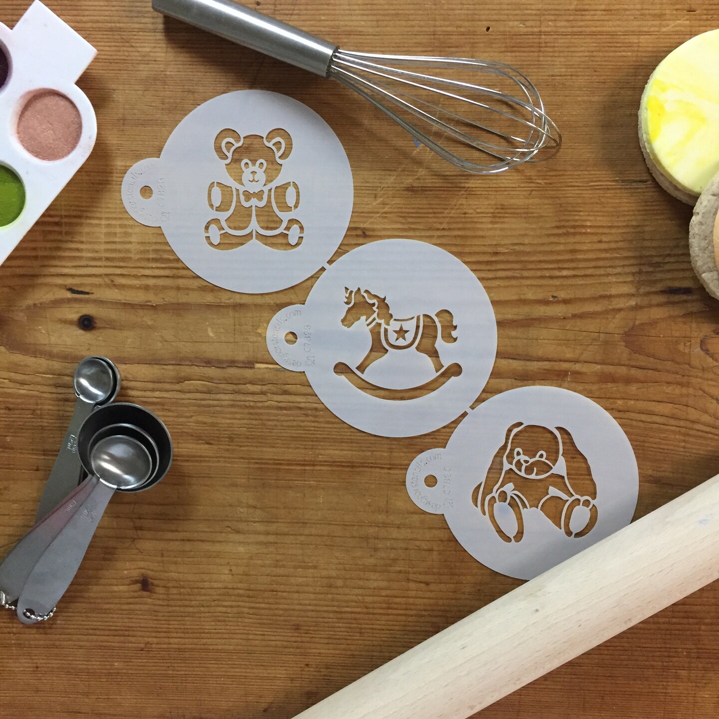 Teddy Bear, Rocking Horse and Bunny Cookie Set | C782 by Designer Stencils | Cookie Decorating Tools | Baking Stencils for Royal Icing, Airbrush, Dusting Powder | Reusable Plastic Food Grade Stencil for Cookies | Easy to Use &#x26; Clean Cookie Stencil