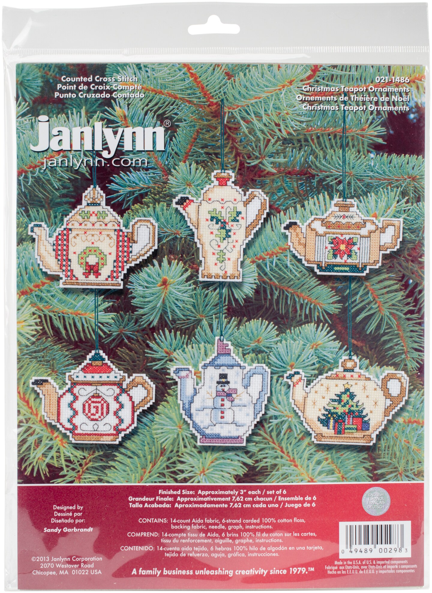 Janlynn Counted Cross Stitch Kit 3"X3" Set of 6-Christmas Teapot Ornaments