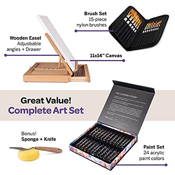 Premium Acrylic Painting Kit with 15 Paint Brushes with Tabletop Easel