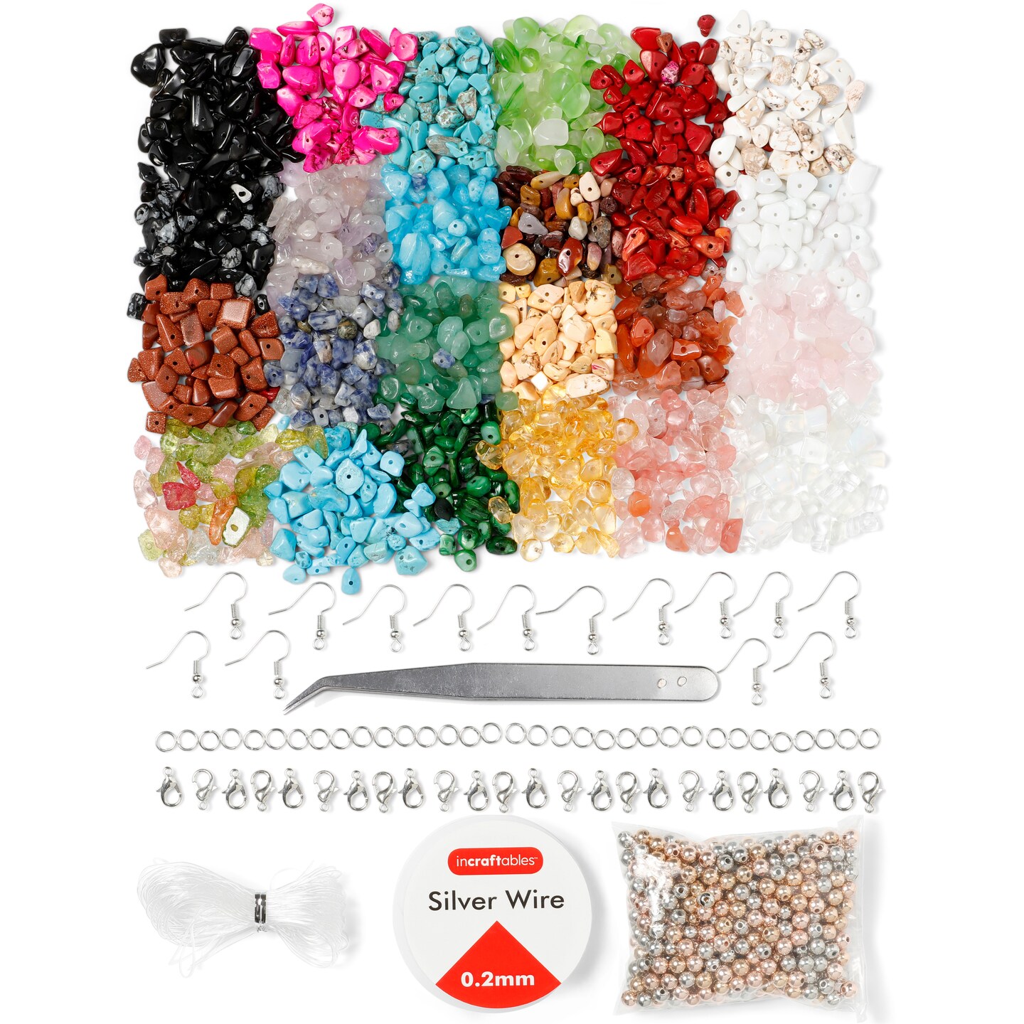 Incraftables 1000pcs Crystal Gemstone Beads for Jewelry Making (24 Colors). Best Natural Stone Chips Kit with Spacer Bead, Silver Wire, Elastic String, Earrings & Organizer for DIY Crafts & Bracelet