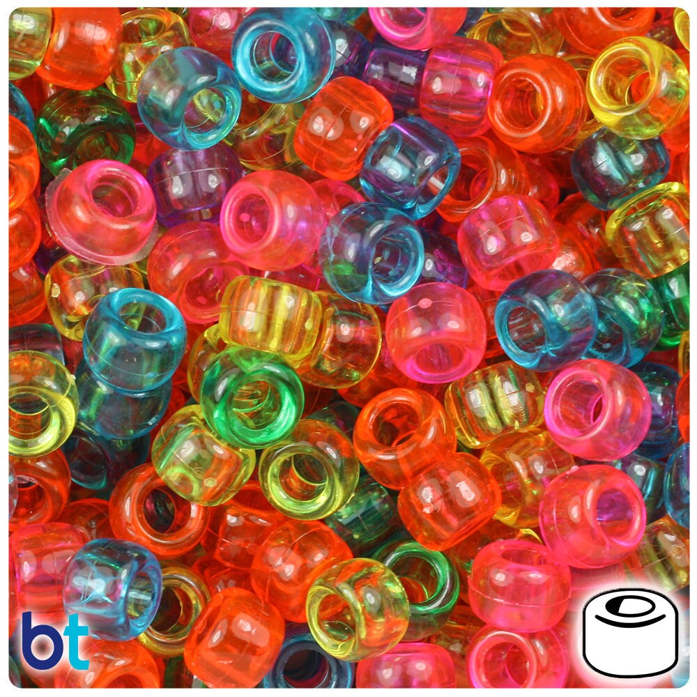 BeadTin Jelly Mix Transparent 9mm Barrel Plastic Pony Beads (500pcs)