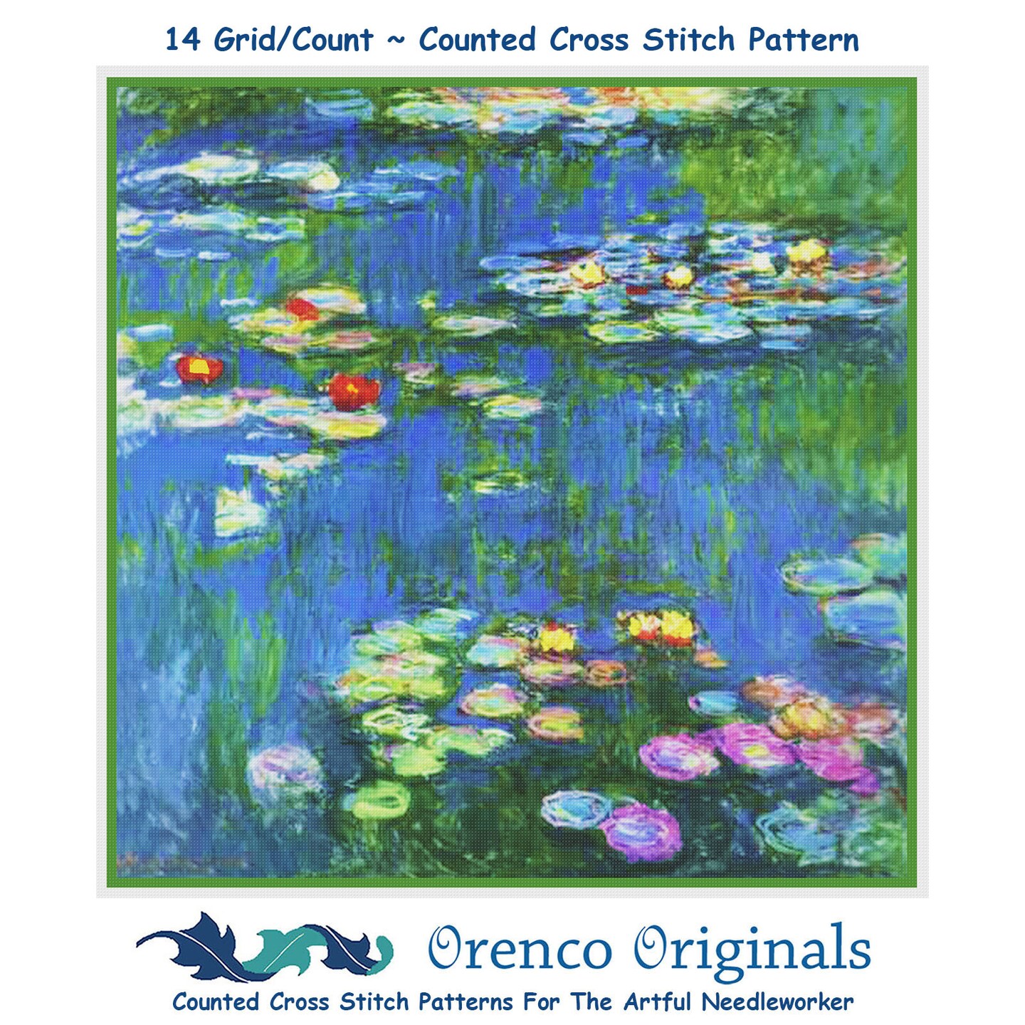 Water Lilies in Bloom detail inspired by Claude Monet&#x27;s impressionist painting Counted Cross Stitch Pattern
