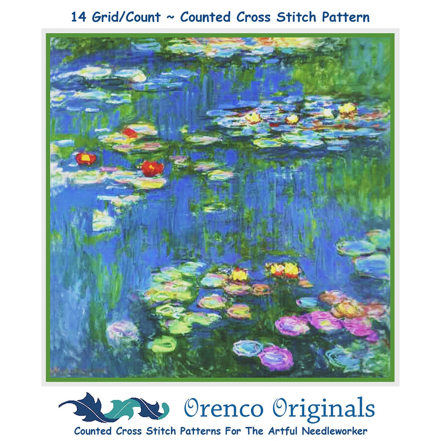 Water Lilies in Bloom detail inspired by Claude Monet's impressionist painting Counted Cross Stitch Pattern