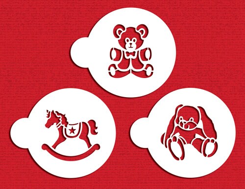 Teddy Bear, Rocking Horse and Bunny Cookie Set | C782 by Designer Stencils | Cookie Decorating Tools | Baking Stencils for Royal Icing, Airbrush, Dusting Powder | Reusable Plastic Food Grade Stencil for Cookies | Easy to Use &#x26; Clean Cookie Stencil