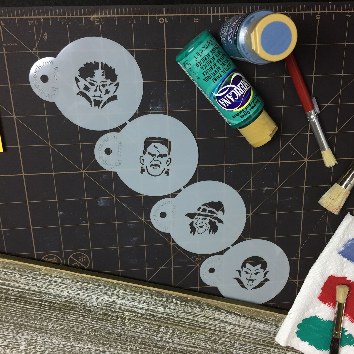 Mini Monster Faces Cookie &#x26; Cupcake Stencil Set: Frankenstein, Werewolf, Witch, Dracula | C793 by Designer Stencils | Cookie Decorating Tools | Baking Stencils for Royal Icing, Airbrush, Dusting Powder | Reusable Plastic Food Grade Stencil