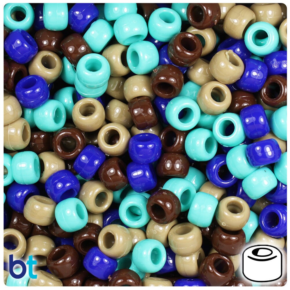 BeadTin Blue & Tan Mix Opaque 9mm Barrel Plastic Pony Beads (500pcs)