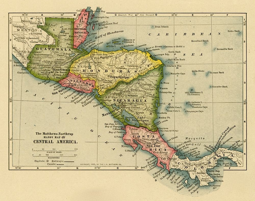 Panama Costa Rica Hondouras Guatamala Salvador British Honduras 1902 by Vintage Maps - Item # VARPDX62249