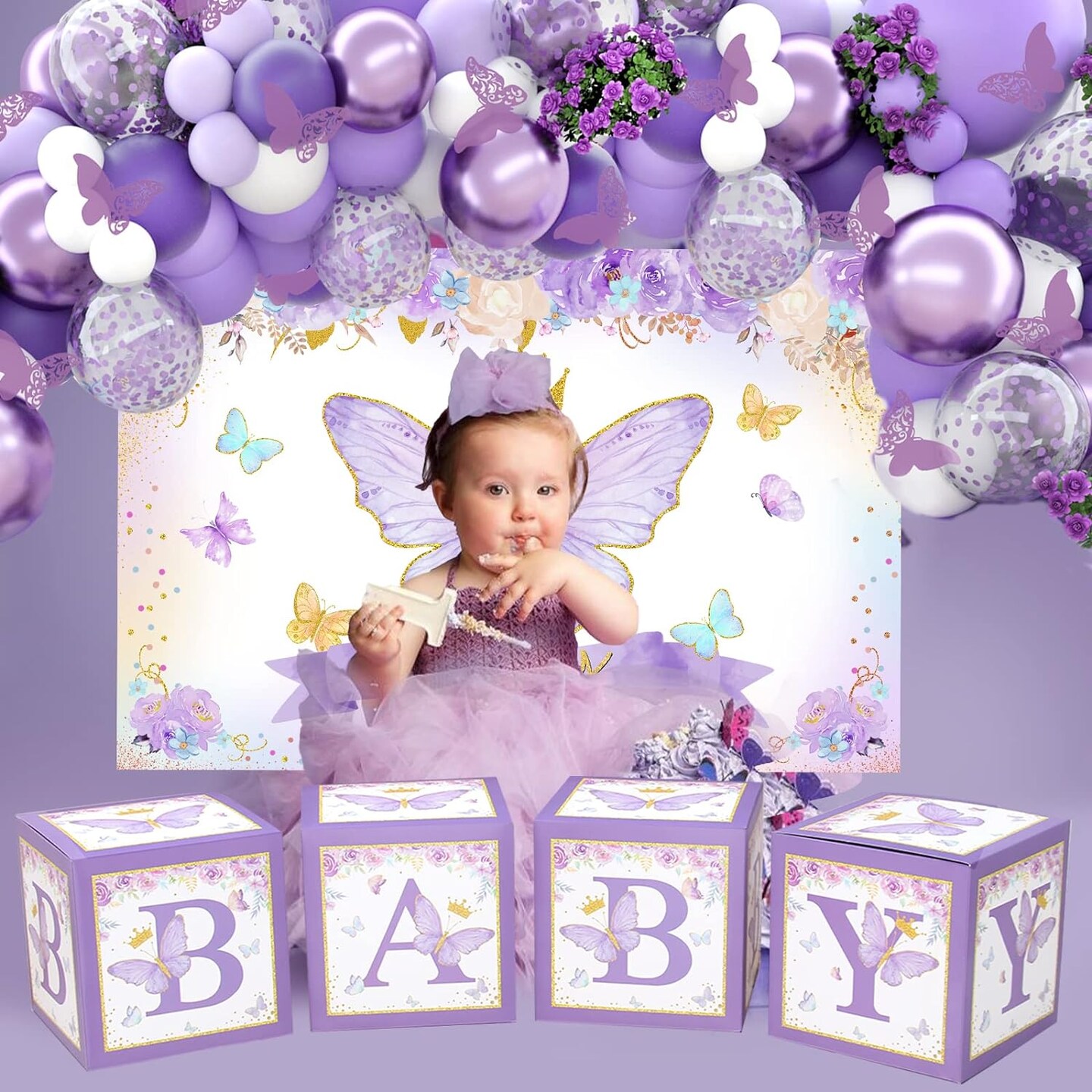Purple Butterfly Baby Shower Decorations for Girl,Purple Balloon Garland Arch Kit,Purple Butterfly Baby Boxes and Butterfly Backdrop Kit for Baby Shower Butterfly Birthday Lavender Party Decorations