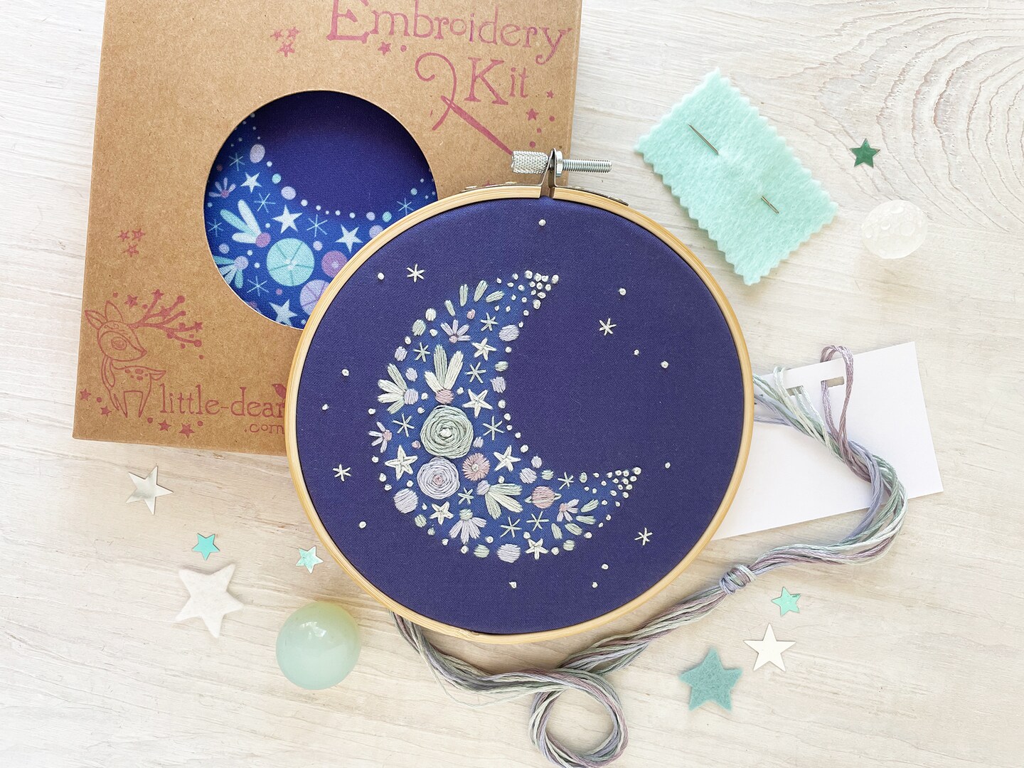 Floral Crescent Moon Hand Embroidery Kit, DIY craft kit