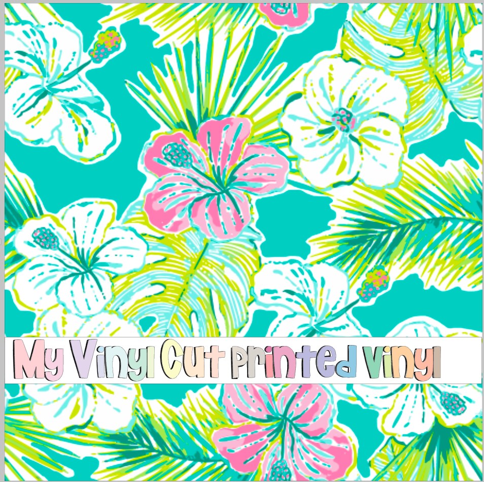 X Inch Sheet Of Printed Vinyl Or Htv In The Blue And Green Aloha Hibiscus Floral Pattern