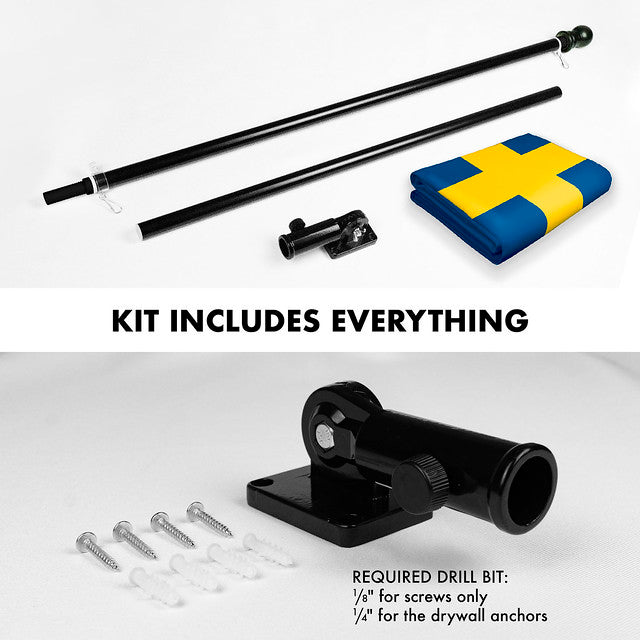 G128 Combo Pack: 6 Feet Tangle Free Spinning Flagpole (Black) Sweden Swedish Flag 3x5 ft Printed 150D Brass Grommets (Flag Included) Aluminum Flag Pole