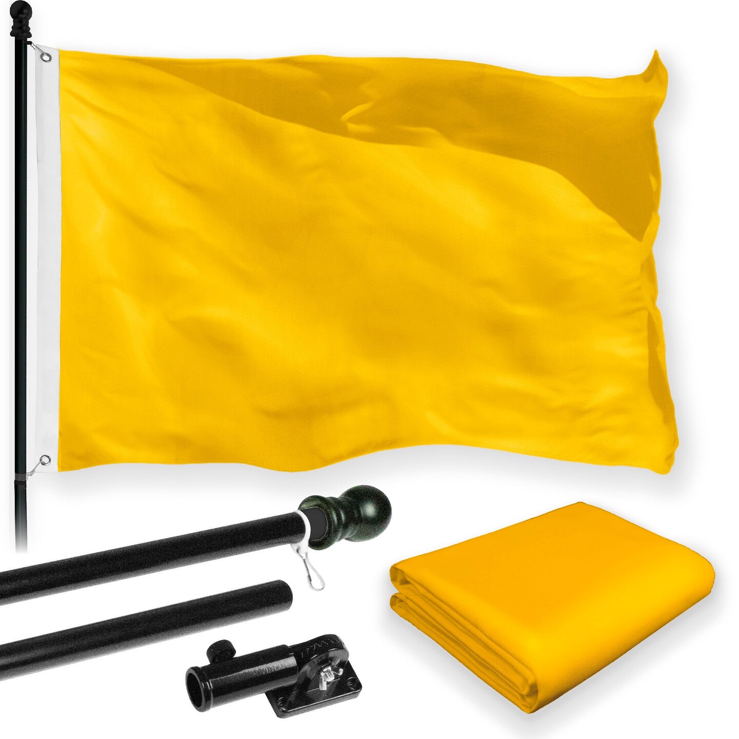 G128 Combo Pack: 5 Ft Tangle Free Aluminum Spinning Flagpole (Black) & Solid Golden Yellow Color Flag 2.5x4 Ft, LiteWeave Pro Series Printed 150D Polyester | Pole with Flag Included