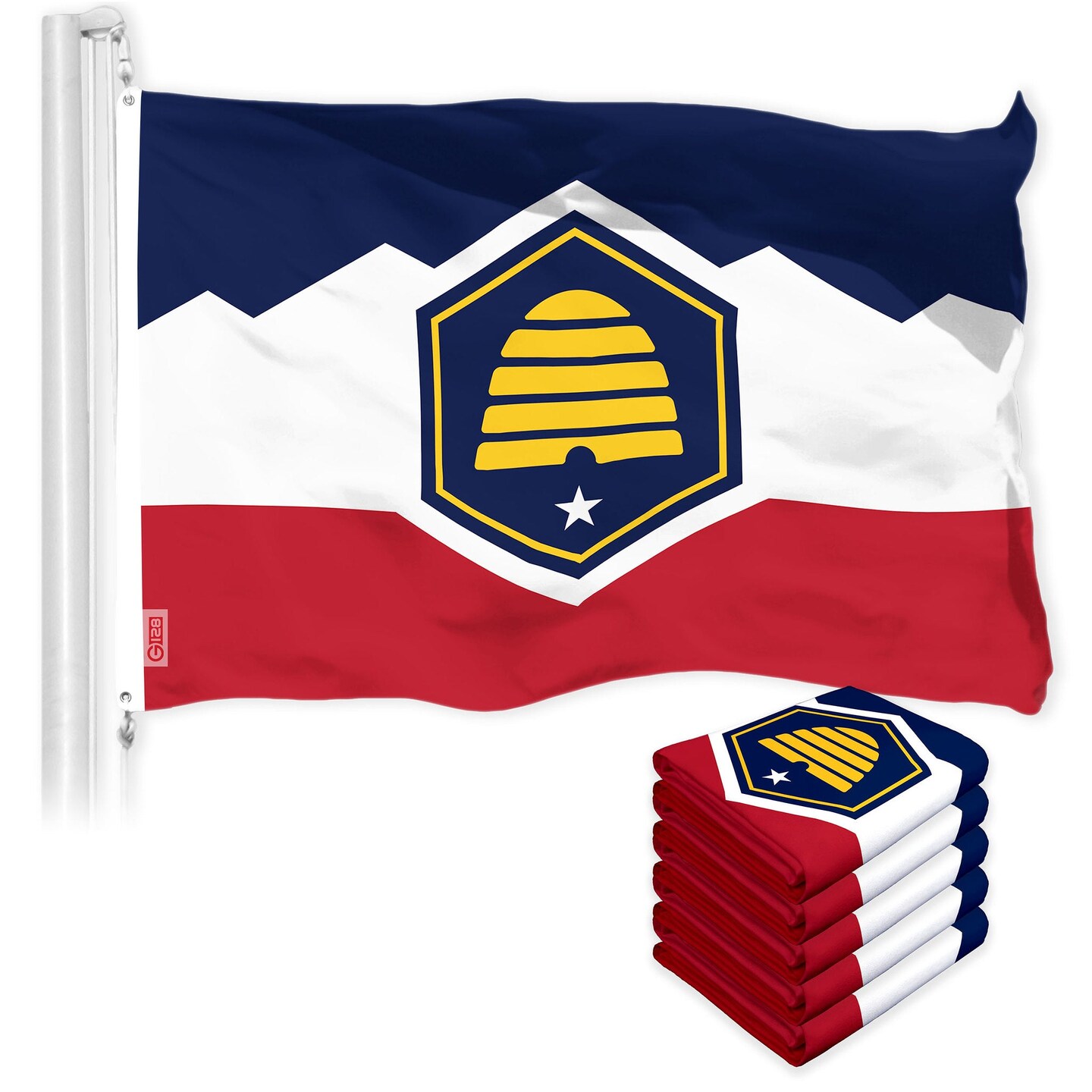 G128 5 Pack: Utah 2023 New Version UT State Flag | 3x5 Ft | LiteWeave Pro Series Printed 150D Polyester | Indoor/Outdoor, Vibrant Colors, Brass Grommets, Thicker and More Durable Than 100D 75D Poly