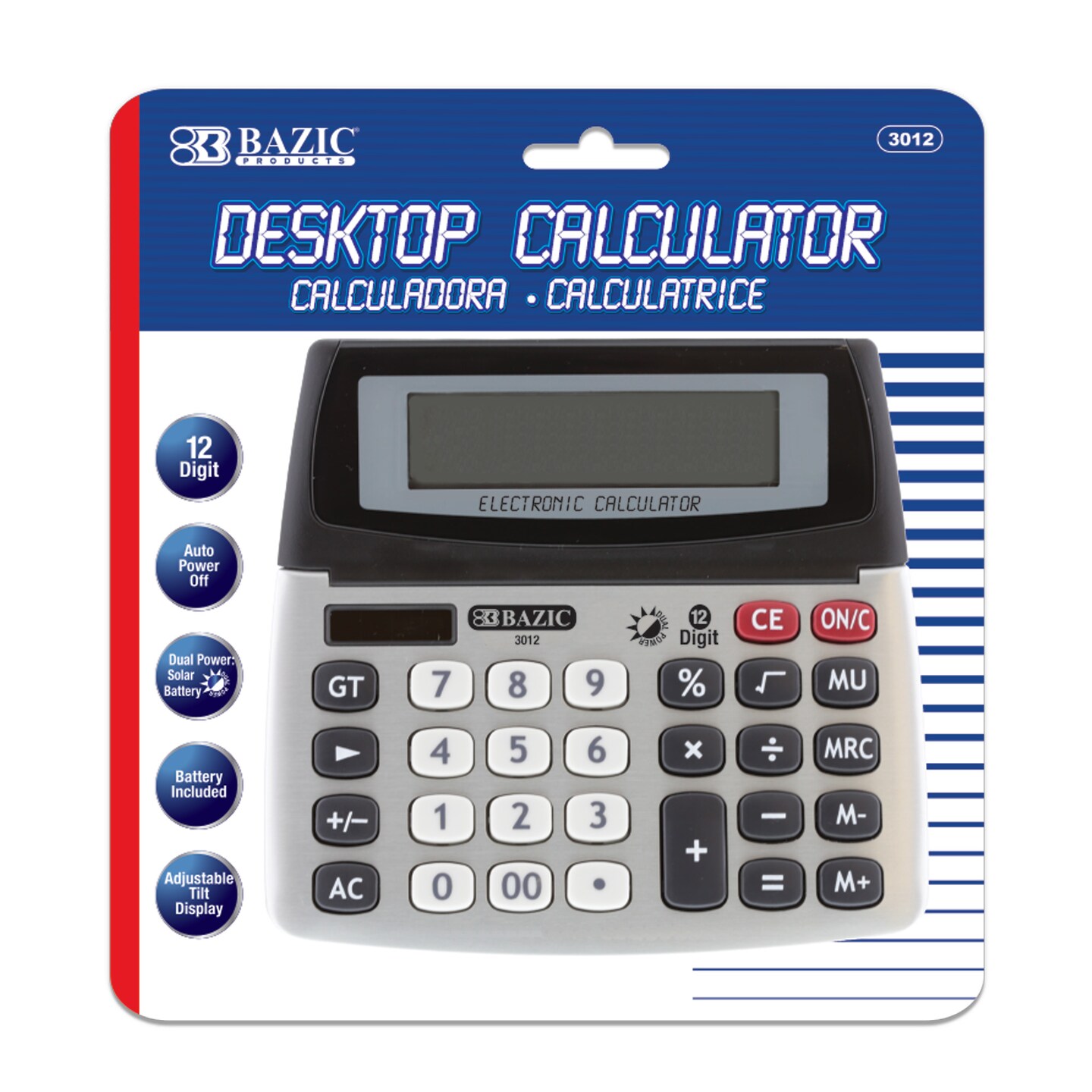 BAZIC Desktop Calculator 12-Digit Dual Power w/ Adjustable Display