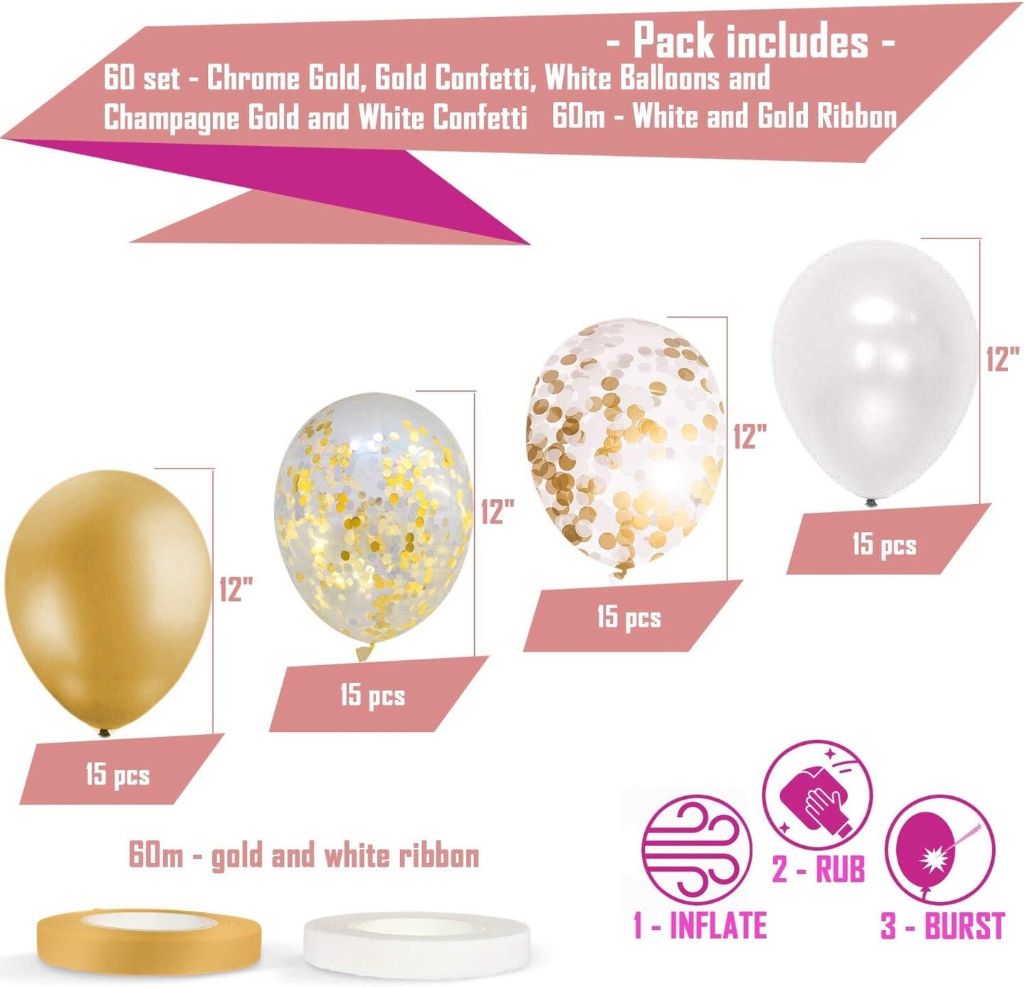 60 Pack Gold Balloons + Gold Confetti Balloons w/Ribbon | Balloons Gold | Gold Balloon | Gold Latex Balloons | Golden Balloons | White and Gold Balloons 12 inch | Clear Balloons