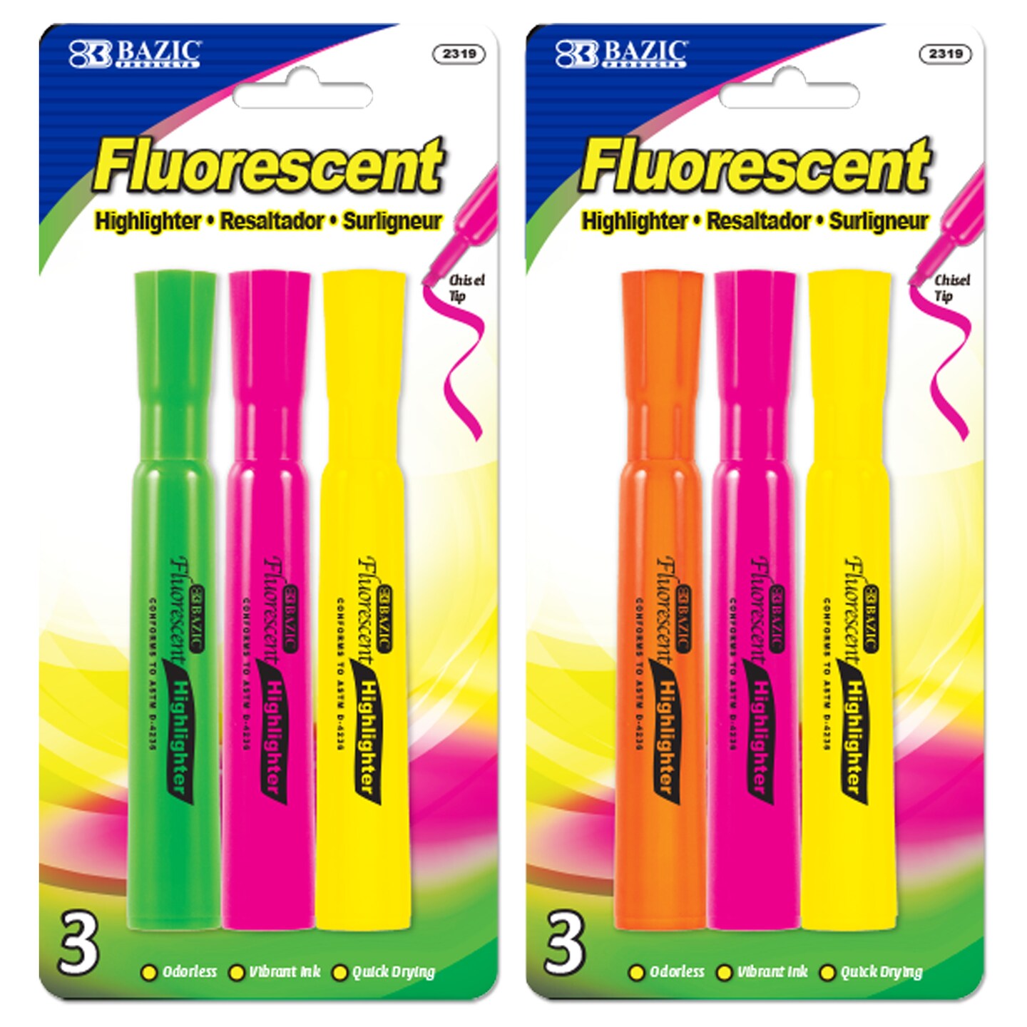 BAZIC Desk Style Fluorescent Highlighters Asst Color (3/Pack)