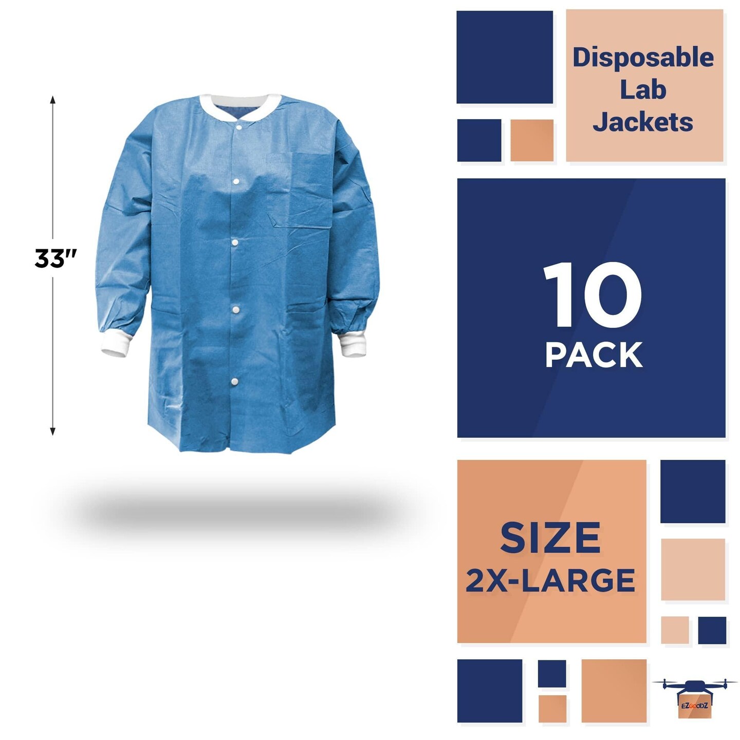 Disposable Lab Jackets 33&#x201D; XX Large Ceil Blue SMS Disposable Jackets Dental 10 Pack Breathable Lab Jacket for Men Women 50 GSM PPE Jacket with Front Snaps Knit Cuffs Collar 3 Pockets