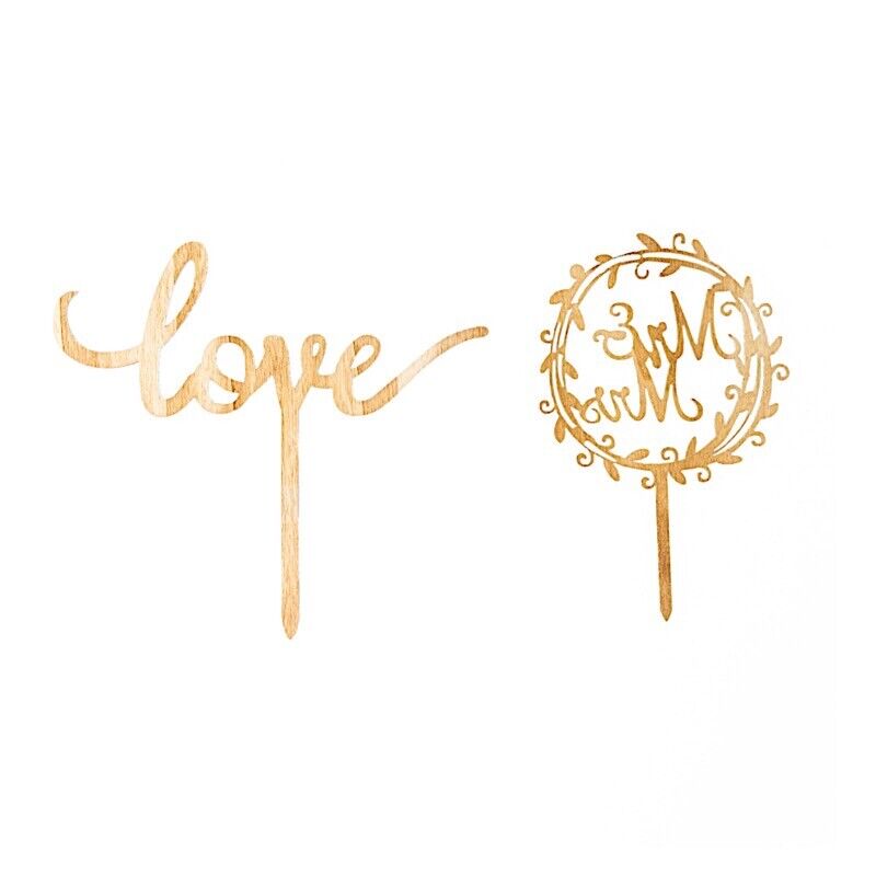 2 Natural Wooden Love and Mr &#x26; Mrs Wedding CAKE TOPPERS