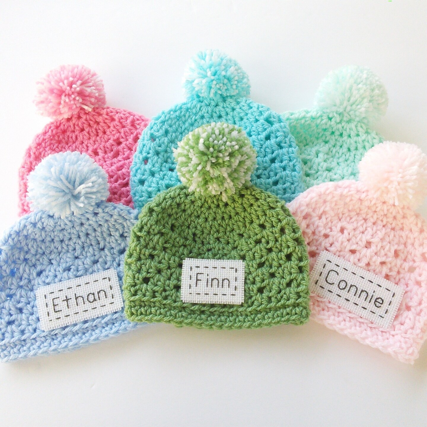 product name is Personalized Handmade Baby Gift, 6 Colors, Preemie to 3-6 Month Size, Baby Hat for Boys or Girls