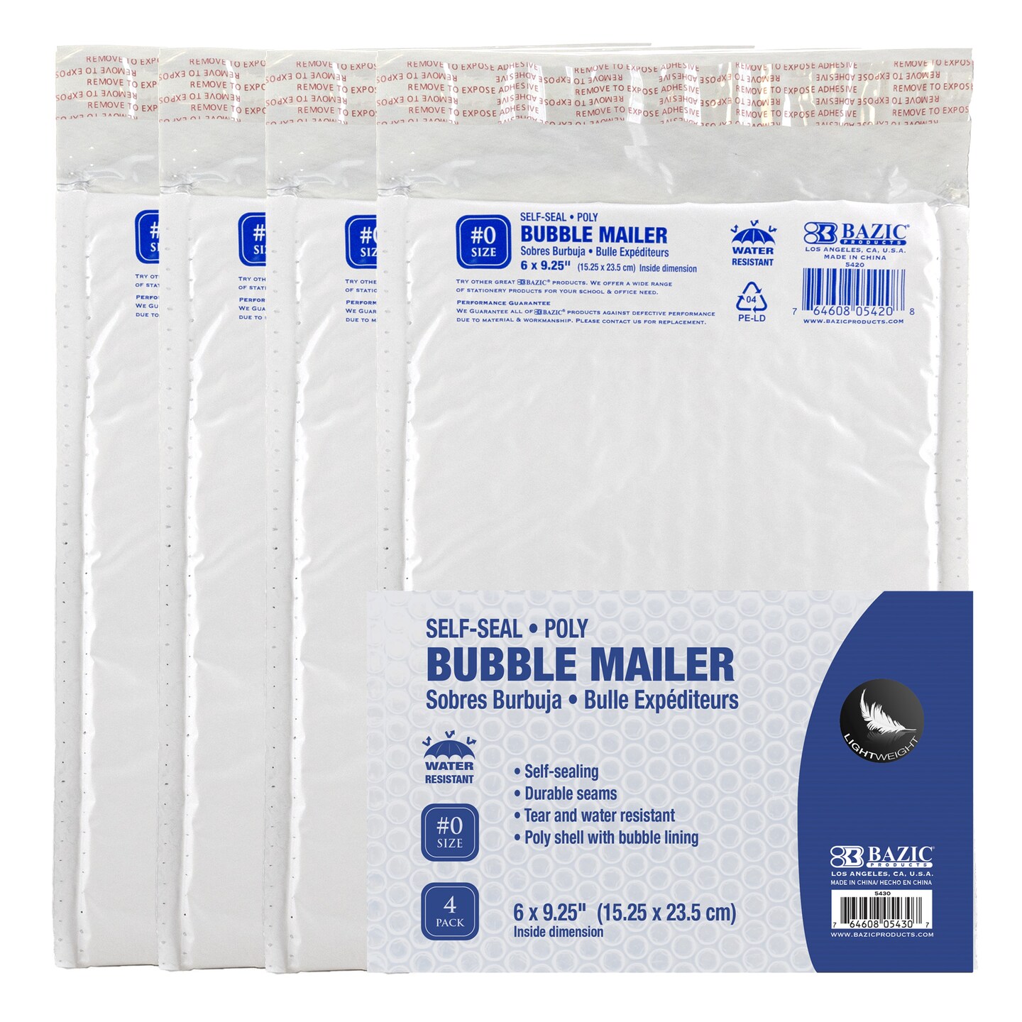 BAZIC Poly Bubble Mailer (#0) 6&#x22; x 9.25&#x22; (4/Pack)
