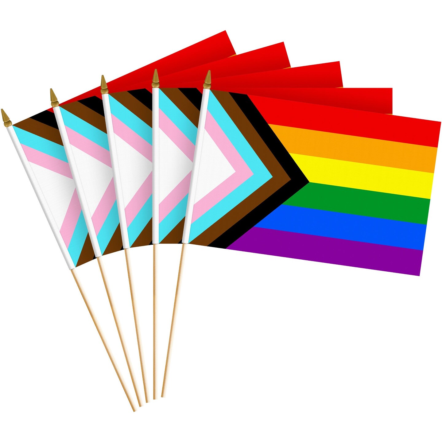 G128 50 Pack Handheld LGBT Progress Rainbow Pride Stick Flags | 8x12 In | Printed 150D Polyester, Social Flag, Solid Wooden Stick, Spear Gold Tip