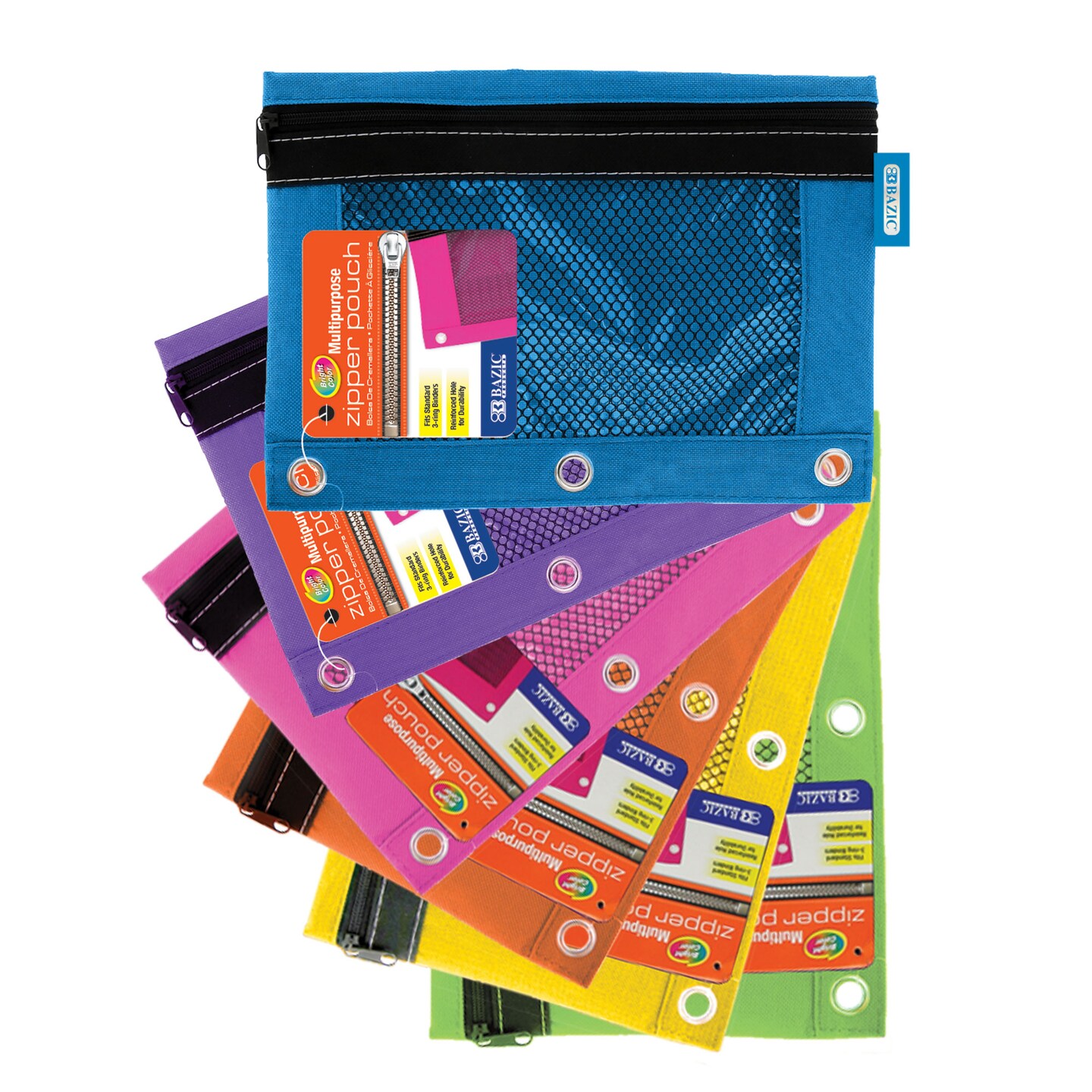 BAZIC Pencil Pouch 3-Ring Bright Color w/ Mesh Window