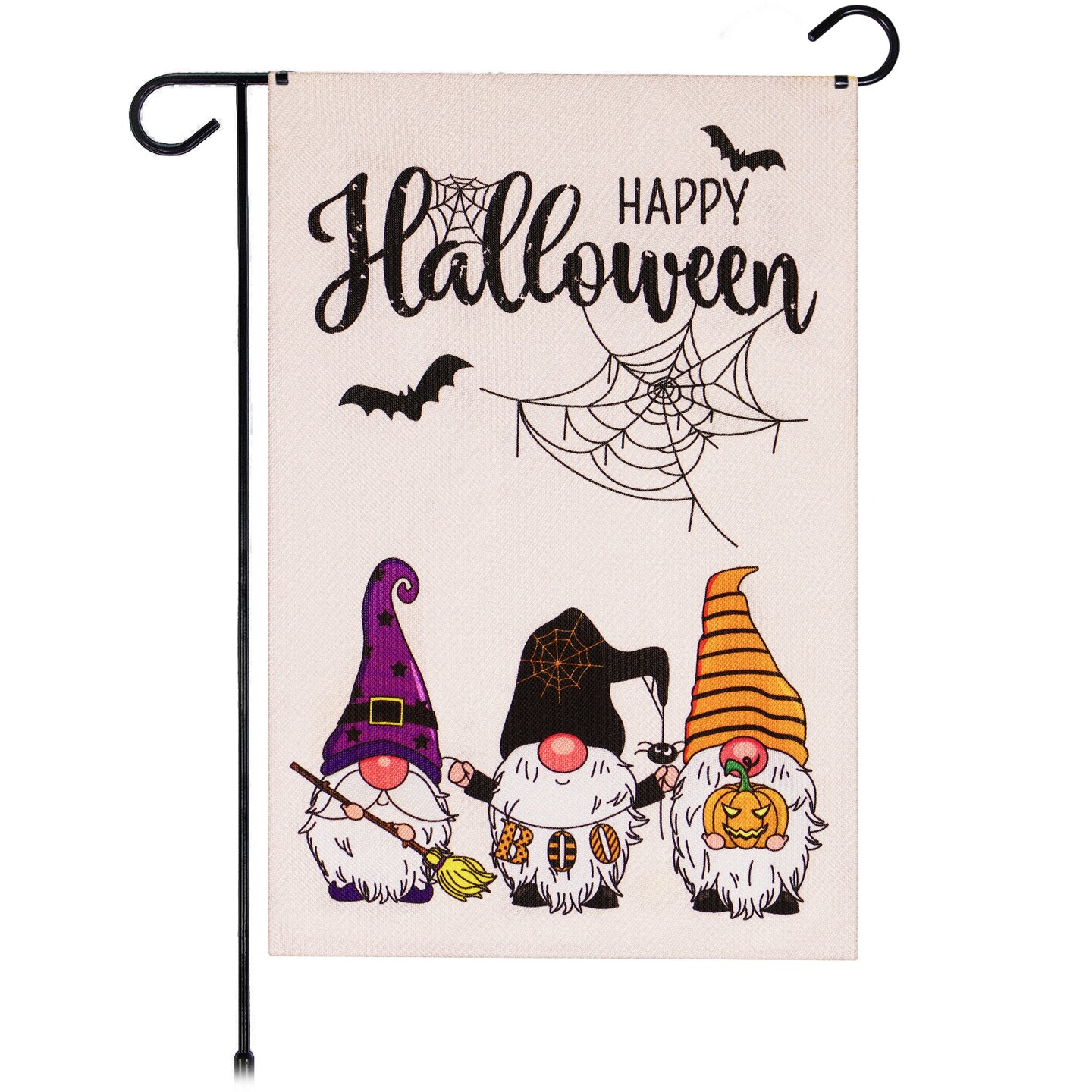 G128 Garden Flag Happy Halloween Three Gnomes Spider Web 12&#x22;x18&#x22; Burlap Fabric
