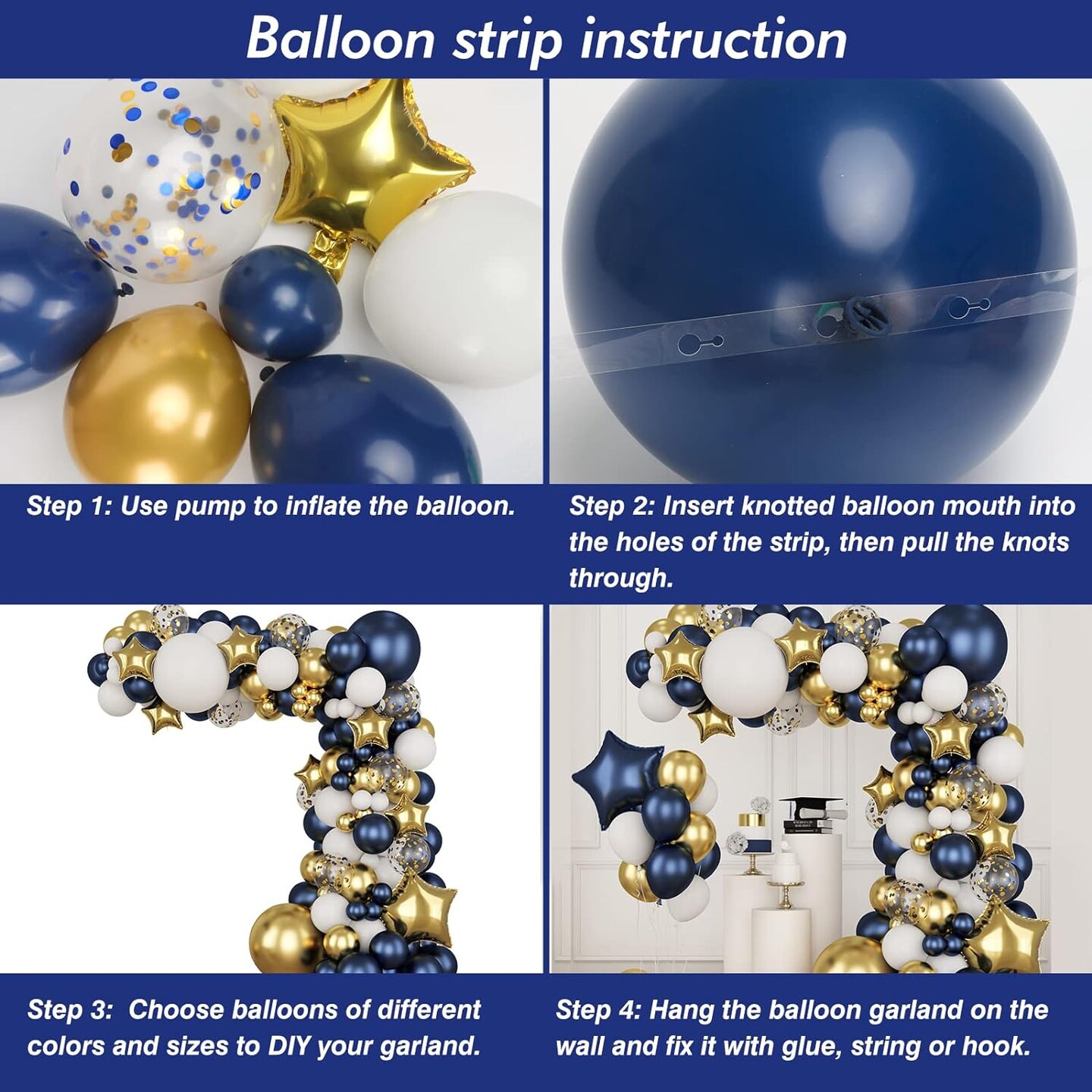 176pcs Navy Blue Gold Balloons Arch Kit, Navy Blue Balloon Garland Metallic Gold White Confetti Balloon Foil Balloons for Baby Shower Birthday Party Wedding Anniversary Graduation Decoration