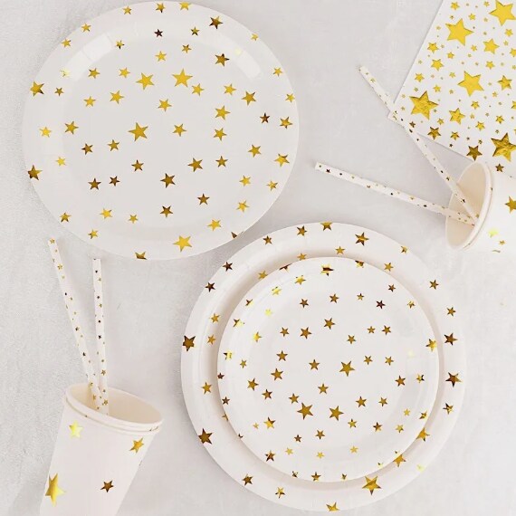 120 White Gold Stars Disposable Paper Tableware