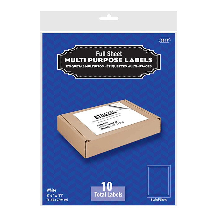 BAZIC White Multipurpose Labels Full Sheet 8.5&#x22; X 11&#x22; (10/Pack)
