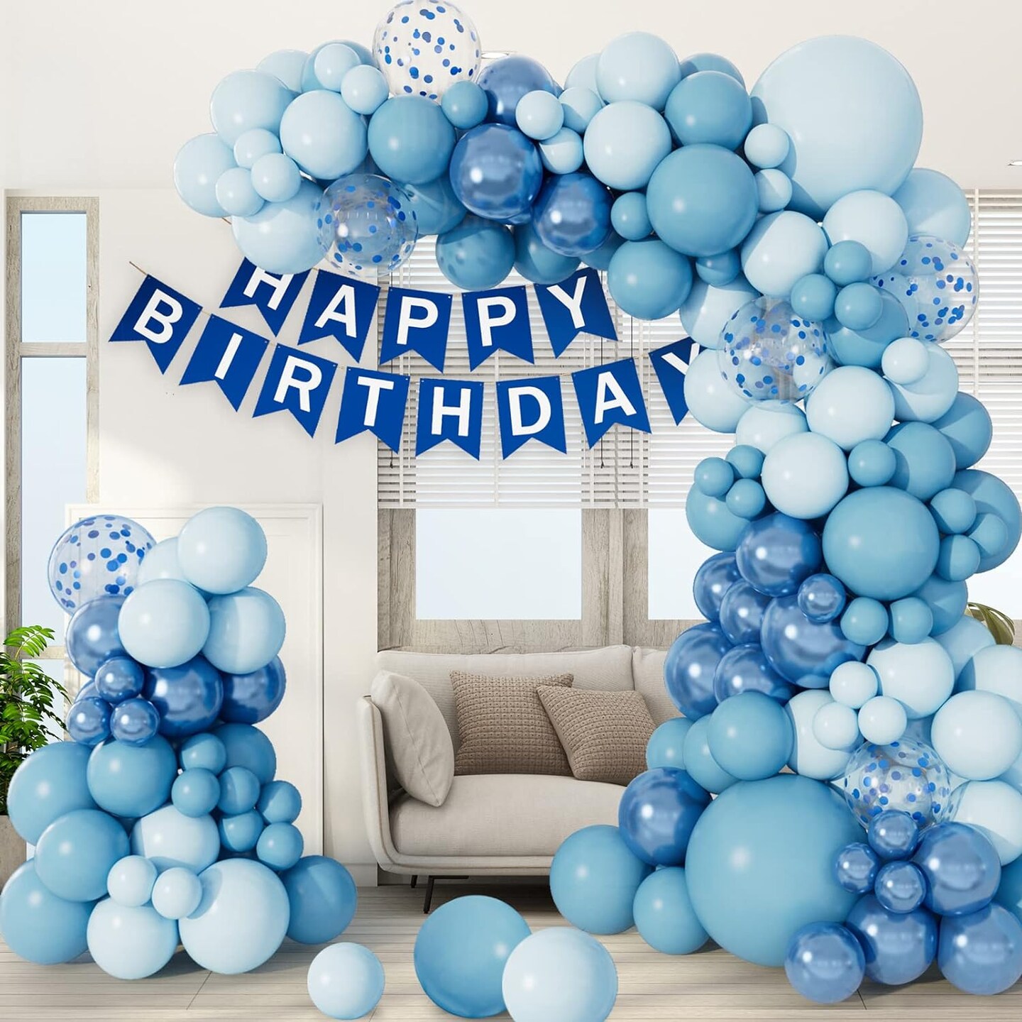 138pcs Blue Balloon Arch Garland Kit with Different Size Metallic Macaron Pastel Blue Confetti Balloons for Baby Shower Birthday Wedding Ocean Themed Party. Background Party Decoration