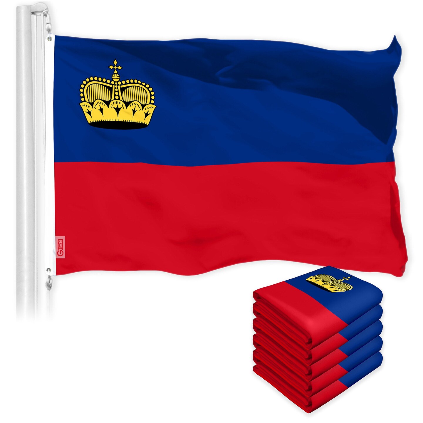 G128 5 Pack: Liechtenstein Liechtensteiner Flag | 3x5 Ft | LiteWeave Pro Series Printed 150D Poly | Country Flag, Indoor/Outdoor, Vibrant Colors, Brass Grommets, Thicker and More Durable Than 100D 75D