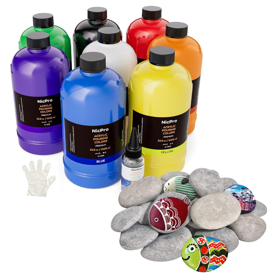 8 Colors Acrylic Pour Paint Set (33.8 oz, 1000 ml) Premixed With 60 Craft Rocks
