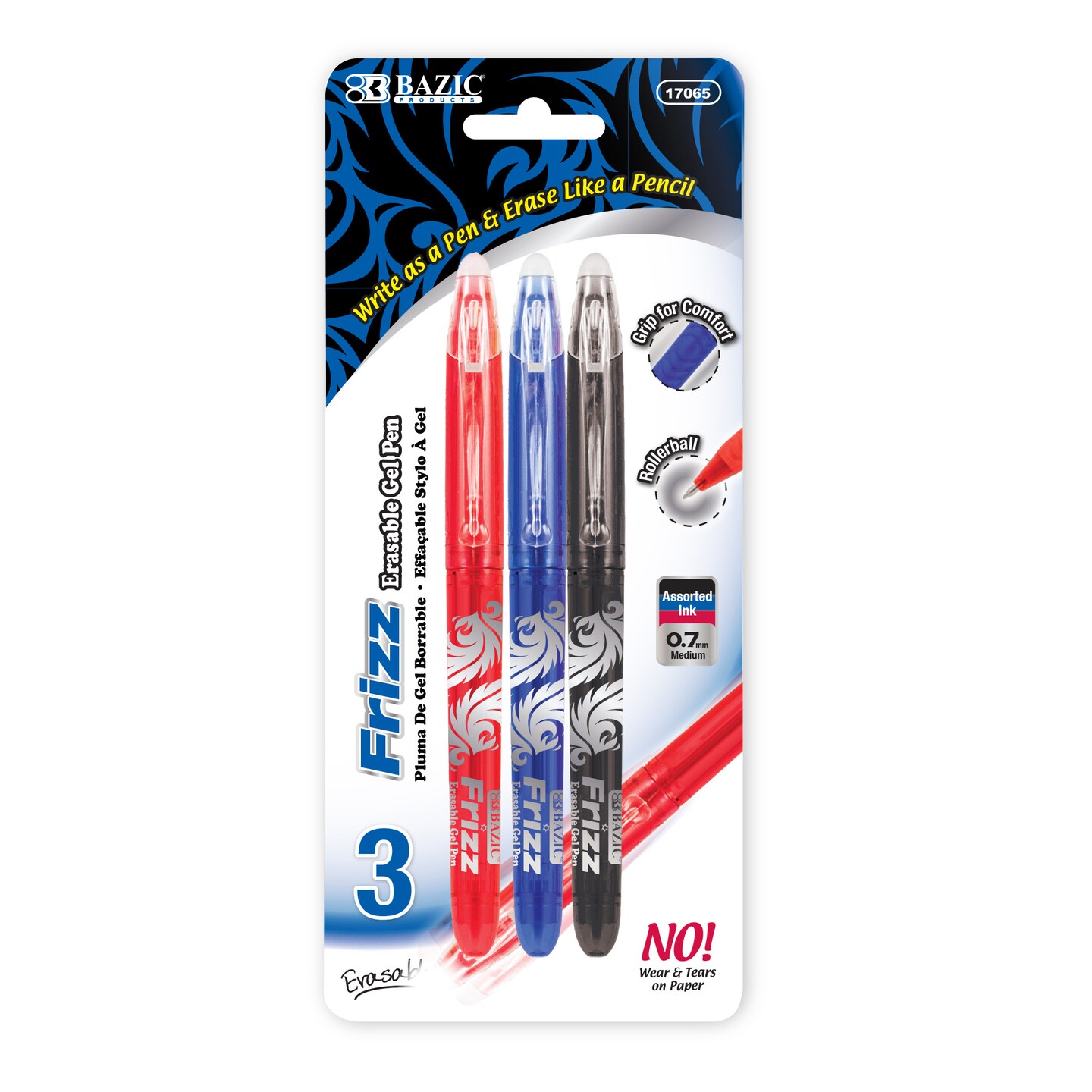 Bazic Frizz Black Erasable Gel Retractable Pen With Grip, Case Of 24