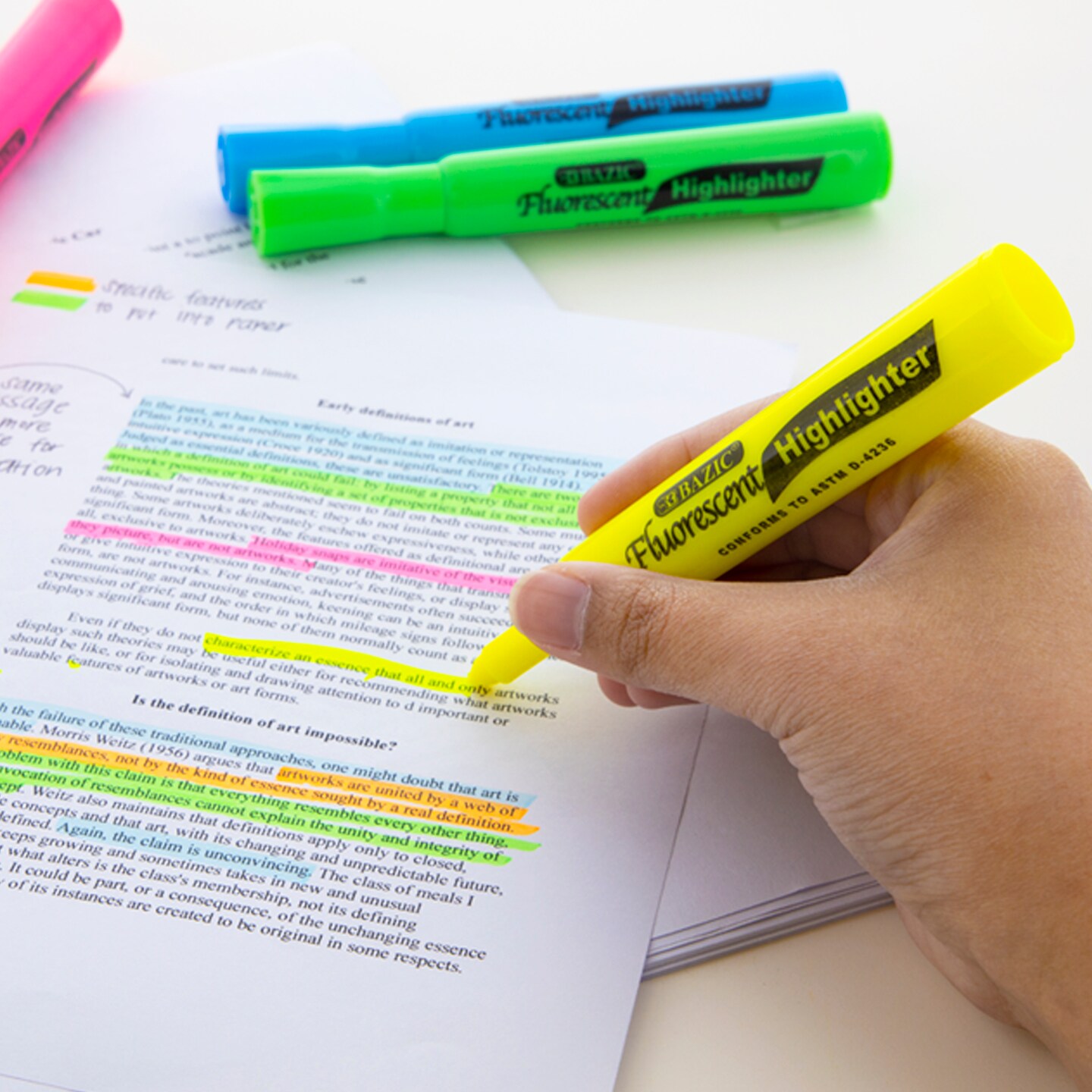 BAZIC Desk Style Fluorescent Highlighters Yellow (3/Pack)