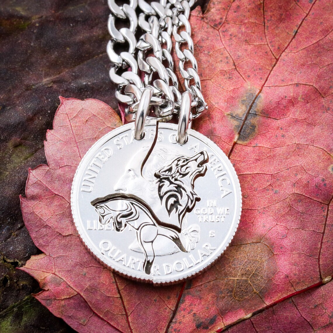 Howling Wolf and Fox Couples Necklaces, Animal Jewelry, Fox and