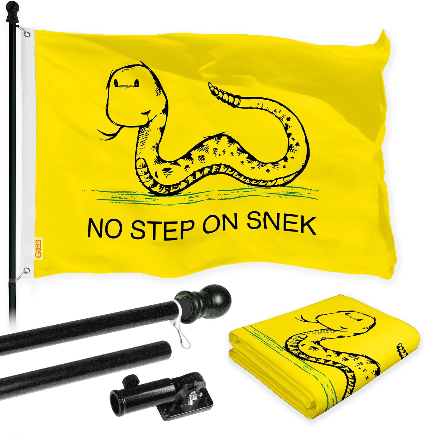 G128 Combo Pack: 6 Ft Tangle Free Spinning Flagpole (Black) & No Step on Snek Cute Cartoon Flag 3x5 Ft Printed 150D Polyester, Brass Grommets (Flag Included) Aluminum Flag Pole