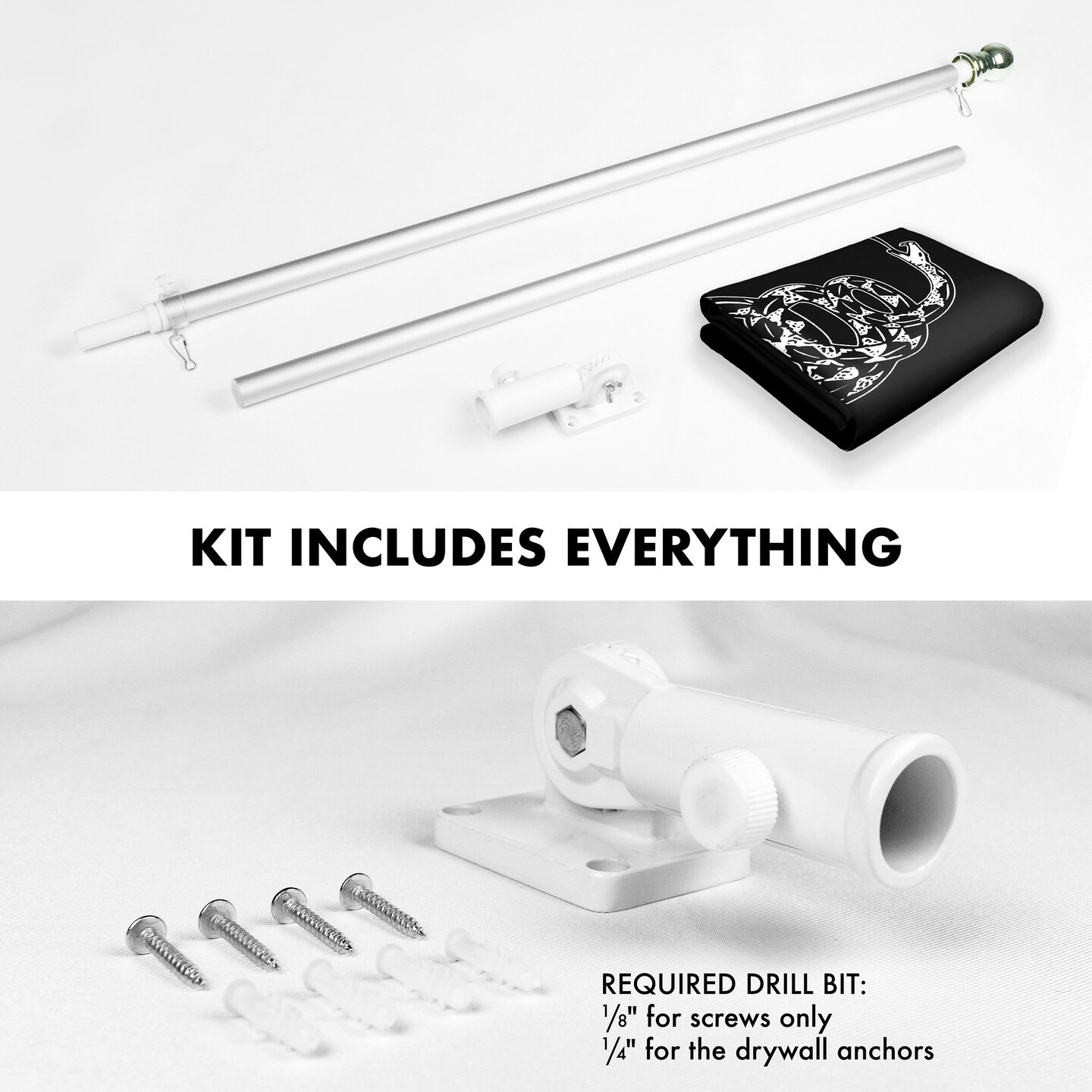 G128 Combo Pack: Flag Pole 6 FT Silver Tangle Free &#x26; Gadsden Black and White Flag 3x5ft 150D Printed Polyester