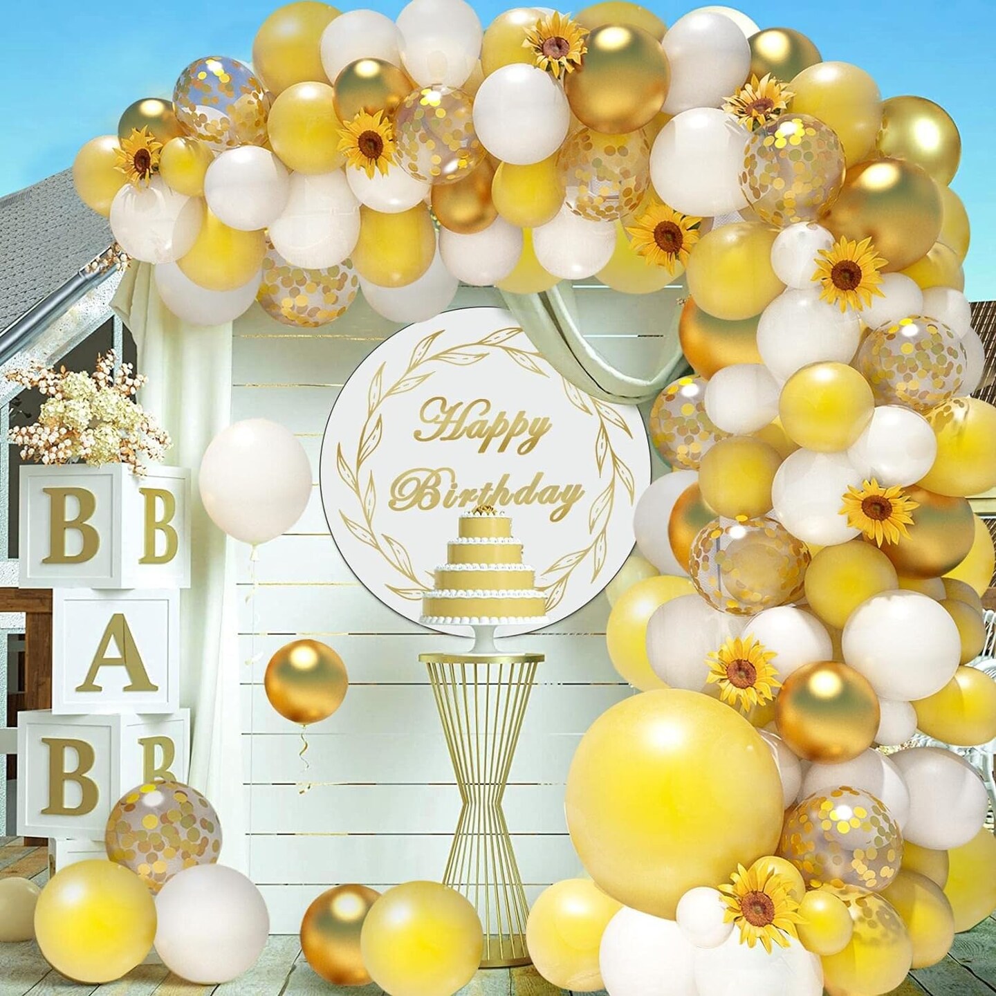 18Inch Sunflower Yellow Gold White Balloons Balloon Garland Arch Kit, Sunflower Bee Theme Birthday Baby Shower Wedding Party Decorations for Girl Boy