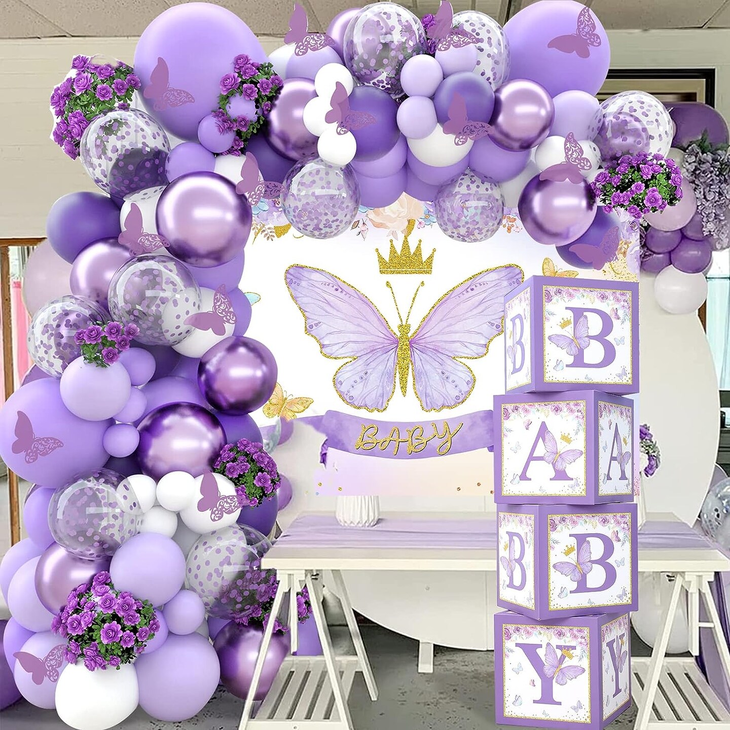 Purple Butterfly Baby Shower Decorations for Girl,Purple Balloon Garland Arch Kit,Purple Butterfly Baby Boxes and Butterfly Backdrop Kit for Baby Shower Butterfly Birthday Lavender Party Decorations