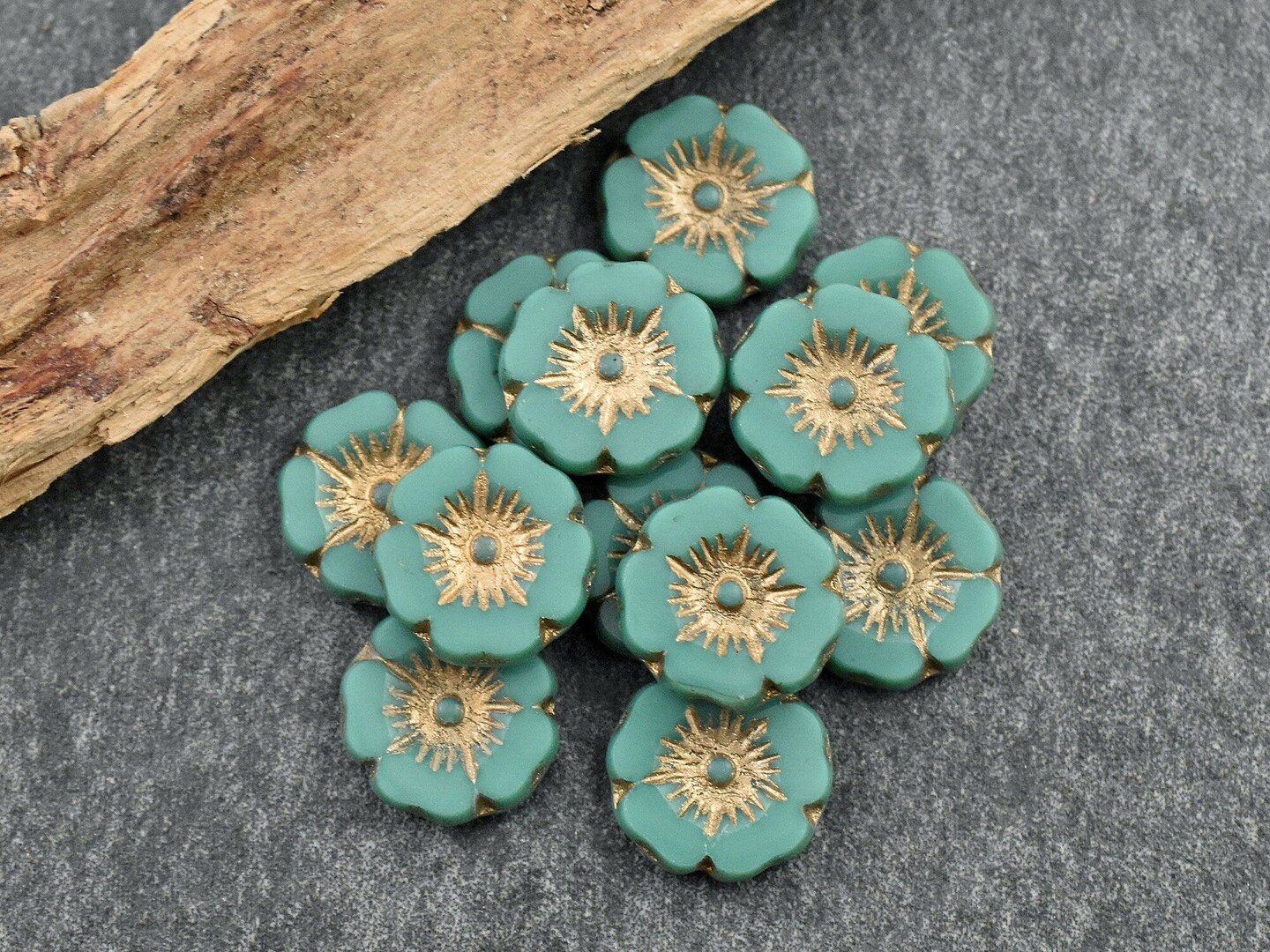 *12* 12mm Gold Washed Opaque Dark Turquoise Hawaiian Flower Beads