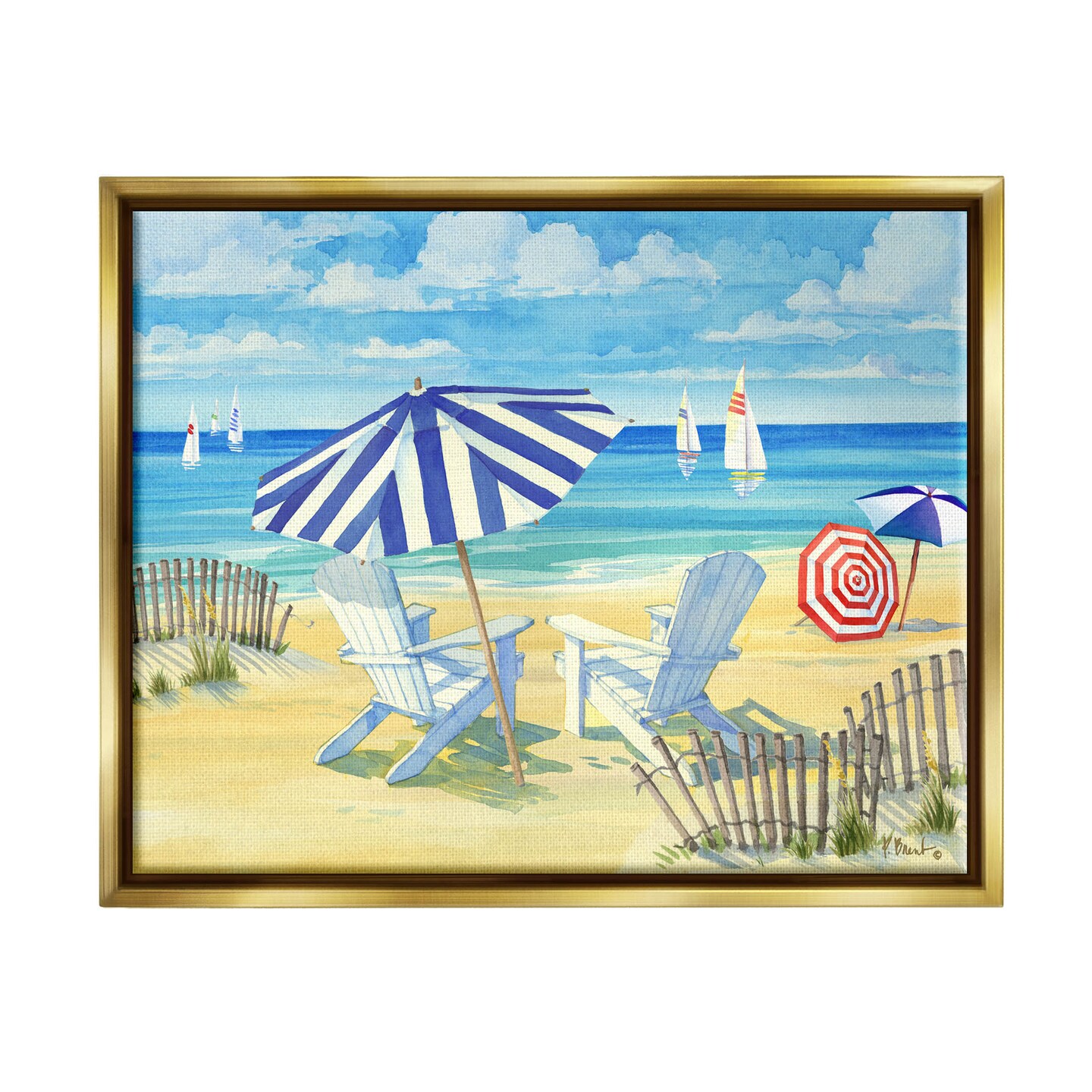 Stupell Industries Summer Sun Sailboat Chairs Black Framed Floater Canvas Wall Art