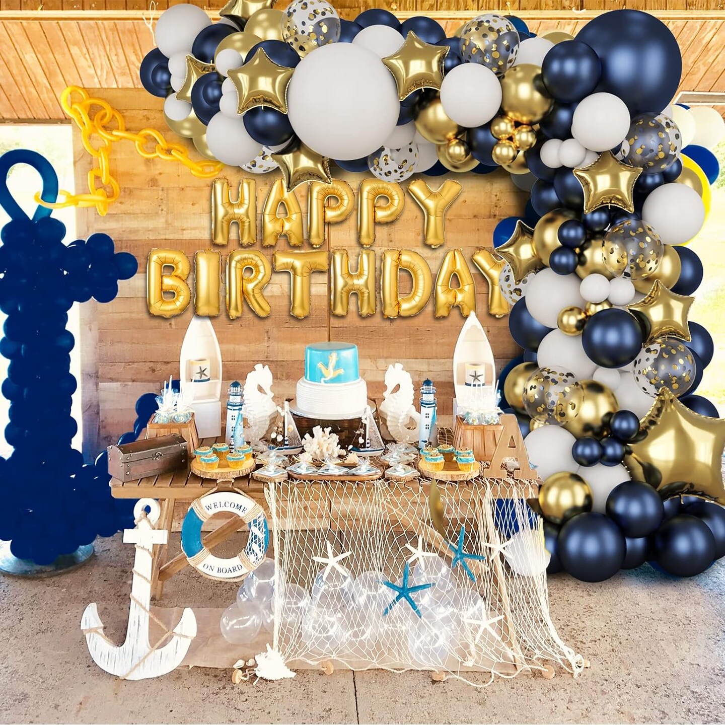 176pcs Navy Blue Gold Balloons Arch Kit, Navy Blue Balloon Garland Metallic Gold White Confetti Balloon Foil Balloons for Baby Shower Birthday Party Wedding Anniversary Graduation Decoration